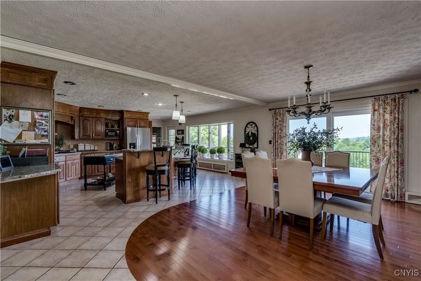 Chandelier, Dining room, Interior, Kitchen, Pendant Lights, Recessed Lighting, Wood Texture Flooring