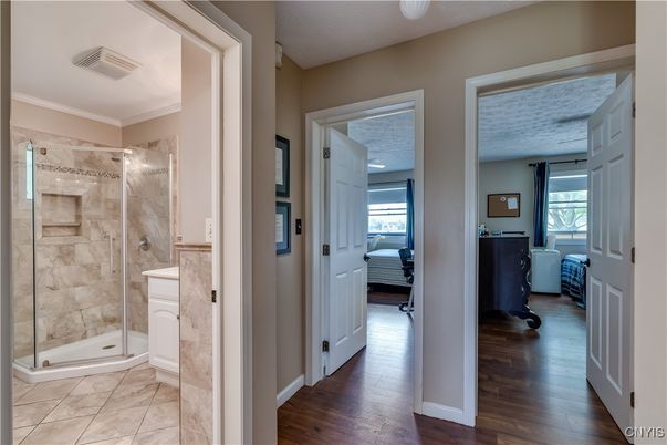 Bathroom, Glass Shower, Interior, Wood Texture Flooring