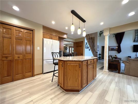 Interior, Kitchen, Pendant Lights, Recessed Lighting, Wood Texture Flooring