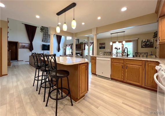 Interior, Kitchen, Pendant Lights, Recessed Lighting, Wood Texture Flooring