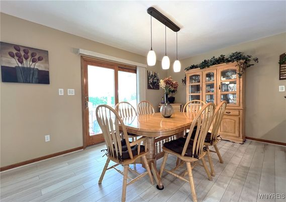 Dining room, Interior, Pendant Lights, Wood Texture Flooring