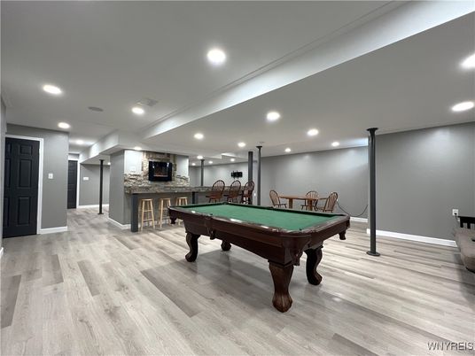Billiard Table, Fireplace, Game Room, Interior, Recessed Lighting, Wood Texture Flooring