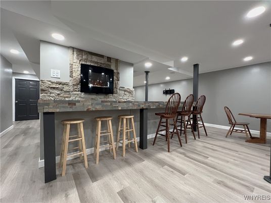 Interior, Recessed Lighting, Stone Walls, Wood Texture Flooring