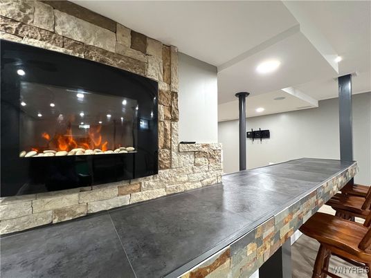 Fireplace, Interior, Recessed Lighting, Stone Walls
