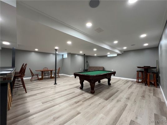 Billiard Table, Dining room, Game Room, Interior, Recessed Lighting, Wood Texture Flooring