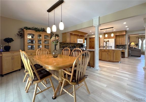 Dining room, Interior, Kitchen, Pendant Lights, Recessed Lighting, Wood Texture Flooring