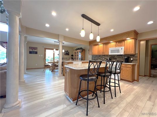 Dining room, Interior, Kitchen, Pendant Lights, Recessed Lighting, Wood Texture Flooring