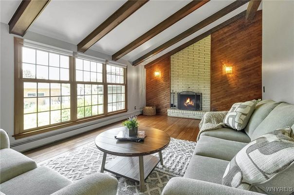 Fireplace, Interior, Living room, Stone Walls, Wooden Beams, Wood Texture Flooring