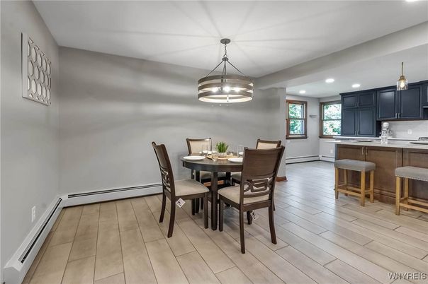 Dining room, Interior, Kitchen, Pendant Lights, Recessed Lighting, Wood Texture Flooring