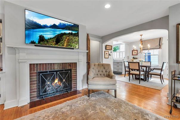 Chandelier, Dining room, Fireplace, Interior, Pendant Lights, Recessed Lighting, Wood Texture Flooring