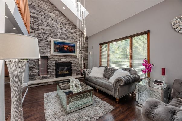 Chandelier, Fireplace, Interior, Living room, Stone Walls, Wood Texture Flooring