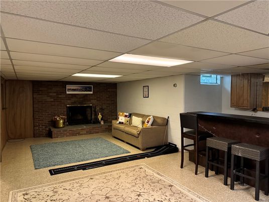 Fireplace, Interior, Recessed Lighting, Stone Walls