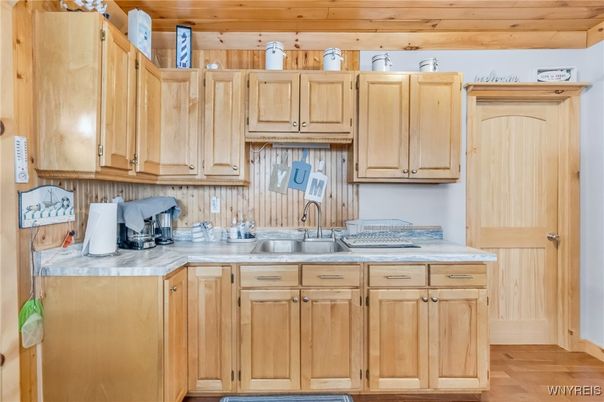 Interior, Kitchen, Tile Countertops, Wood Texture Flooring