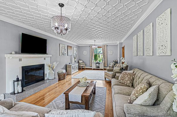 Fireplace, Interior, Living room, Pendant Lights, Wood Texture Flooring