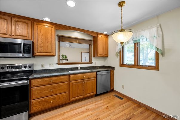 Interior, Kitchen, Pendant Lights, Recessed Lighting, Stainless Steel Appliances, Wood Texture Flooring