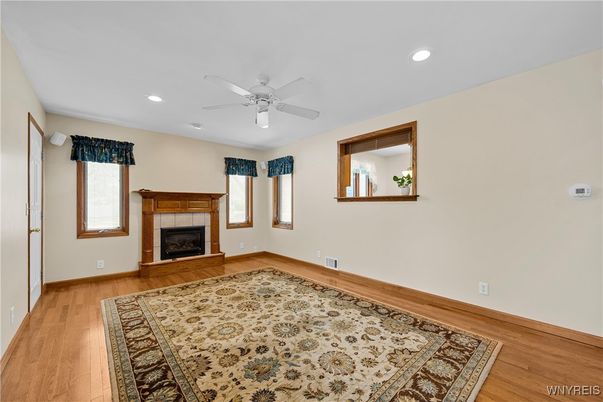 Empty room, Fireplace, Interior, Recessed Lighting, Wood Texture Flooring