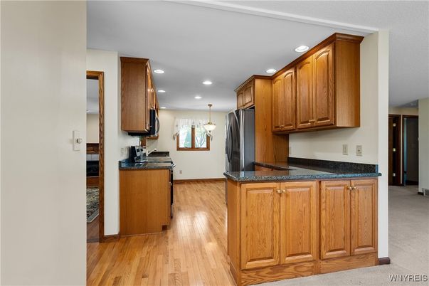Interior, Kitchen, Pendant Lights, Recessed Lighting, Wood Texture Flooring