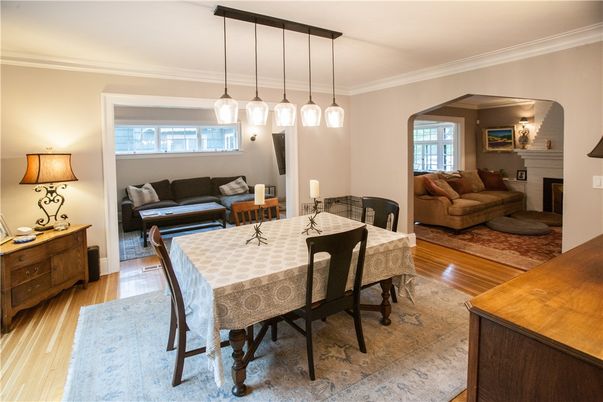 Dining room, Fireplace, Interior, Living room, Pendant Lights, Wood Texture Flooring