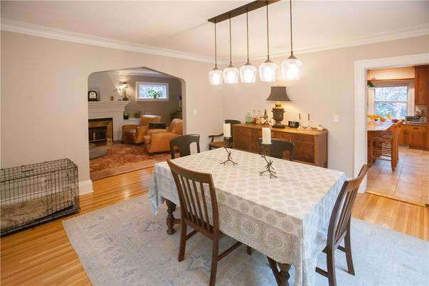 Dining room, Fireplace, Interior, Living room, Pendant Lights, Wood Texture Flooring