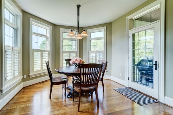 Dining room, Interior, Pendant Lights, Wood Texture Flooring