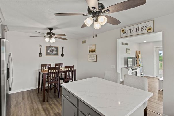 Dining room, Interior, Kitchen, Recessed Lighting, Wood Texture Flooring