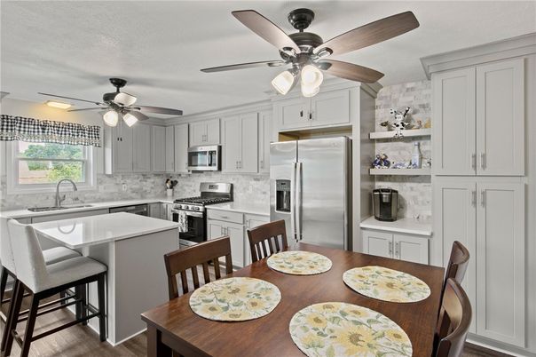 Dining room, Interior, Kitchen, Stainless Steel Appliances, Wood Texture Flooring