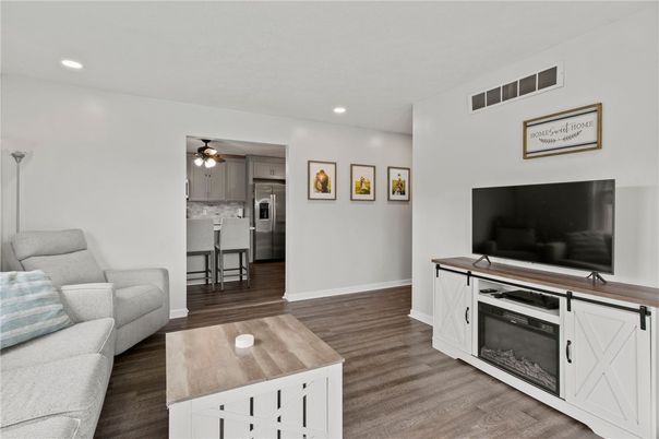 Interior, Kitchen, Living room, Recessed Lighting, Stainless Steel Appliances, Wood Texture Flooring