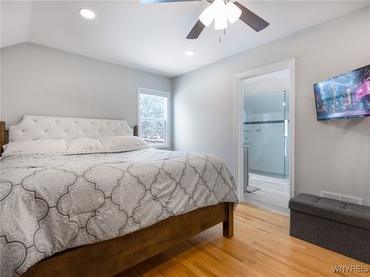 Bedroom, Interior, Recessed Lighting, Wood Texture Flooring