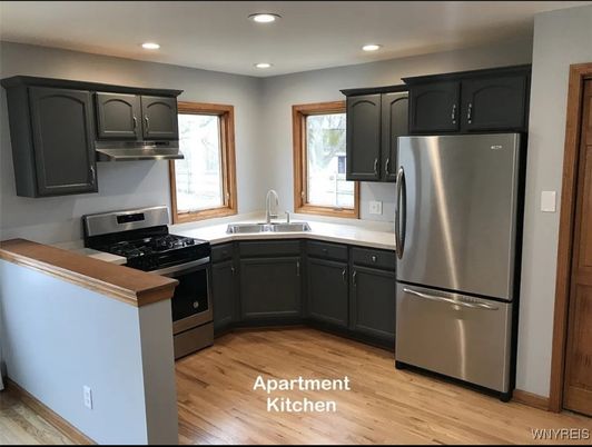 Interior, Kitchen, Recessed Lighting, Stainless Steel Appliances, Wood Texture Flooring
