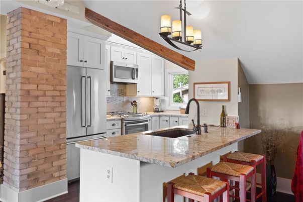 Chandelier, Interior, Kitchen, Stainless Steel Appliances, Stone Walls, Wood Texture Flooring