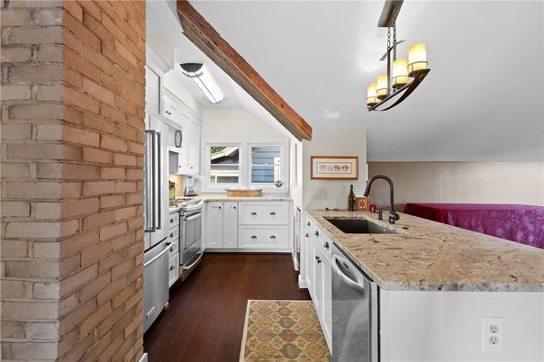Interior, Kitchen, Stainless Steel Appliances, Stone Walls, Wood Texture Flooring