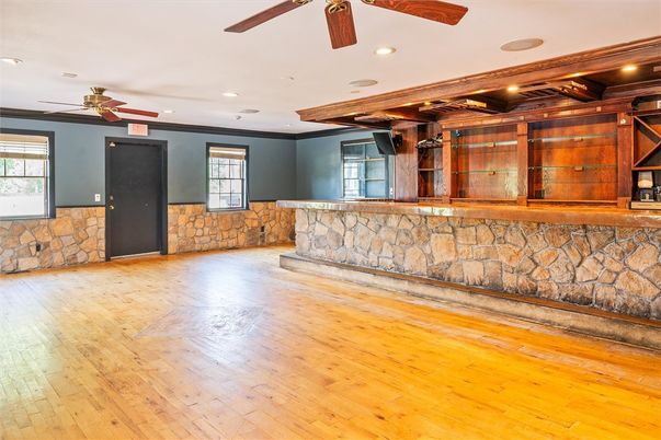 Interior, Recessed Lighting, Stone Walls, Wooden Beams, Wood Texture Flooring
