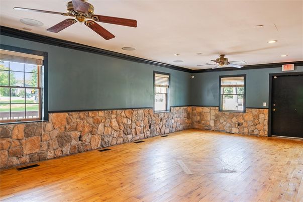 Empty room, Interior, Recessed Lighting, Stone Walls, Wood Texture Flooring