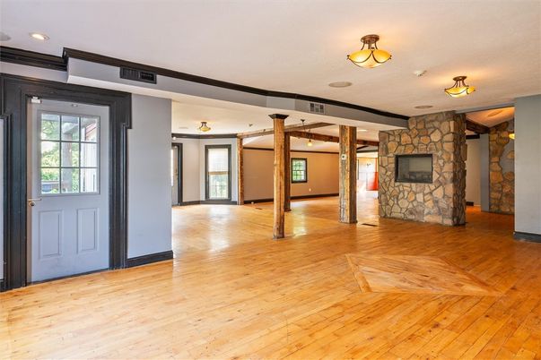 Empty room, Interior, Recessed Lighting, Stone Walls, Wood Texture Flooring