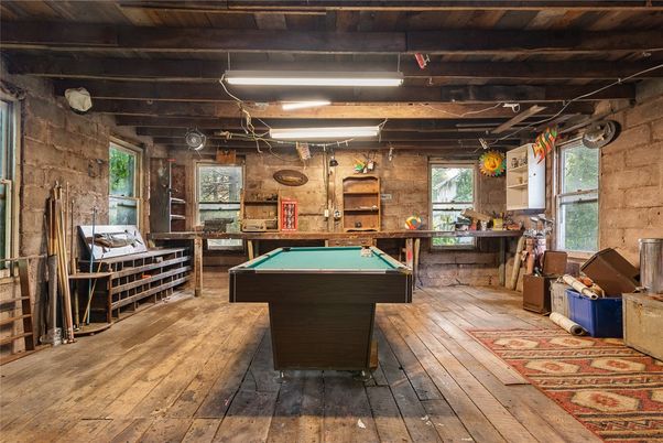 Billiard Table, Game Room, Interior, Stone Walls, Wooden Beams, Wood Texture Flooring
