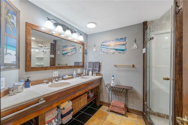 Bathroom, Dual Sink Vanities, Glass Shower, Interior, Tile Countertops