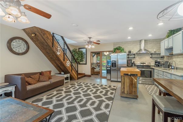 Interior, Kitchen, Living room, Recessed Lighting, Stainless Steel Appliances, Stone Walls
