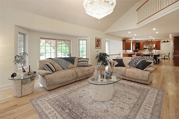 Chandelier, Interior, Kitchen, Living room, Recessed Lighting, Stainless Steel Appliances, Wood Texture Flooring