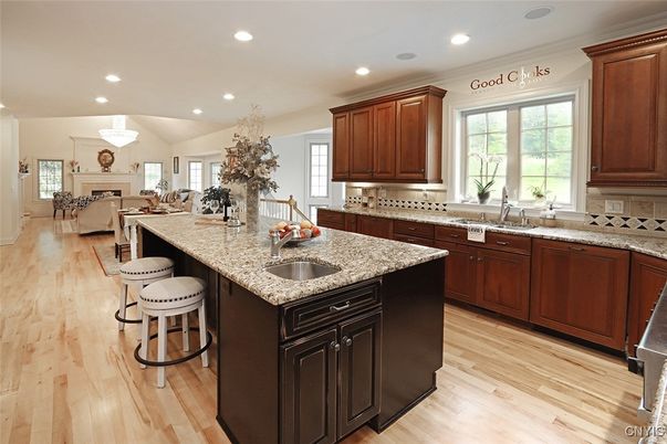 Fireplace, Interior, Kitchen, Recessed Lighting, Wood Texture Flooring