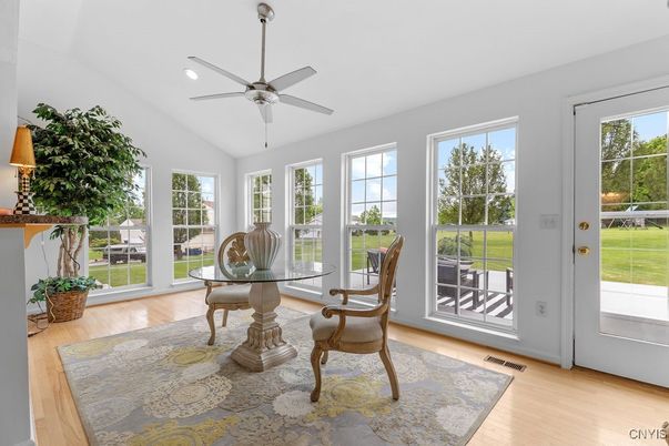 Dining room, Interior, Recessed Lighting, Wood Texture Flooring