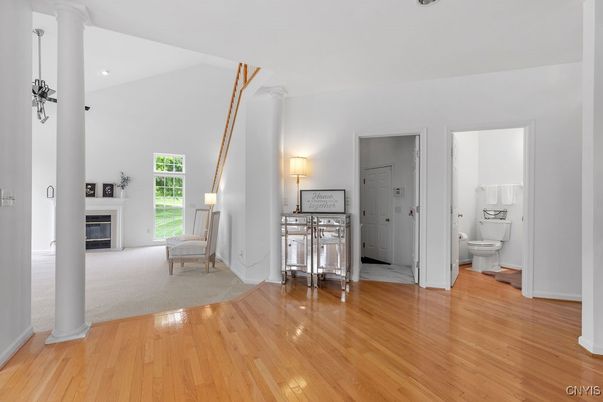 Bathroom, Fireplace, Interior, Recessed Lighting, Wood Texture Flooring