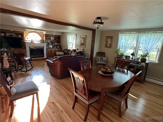 Dining room, Fireplace, Interior, Living room, Wood Texture Flooring