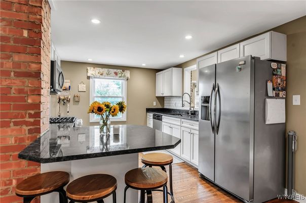 Interior, Kitchen, Recessed Lighting, Stainless Steel Appliances, Stone Walls, Wood Texture Flooring
