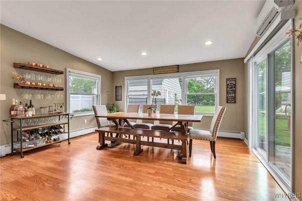 Dining room, Interior, Recessed Lighting, Wood Texture Flooring