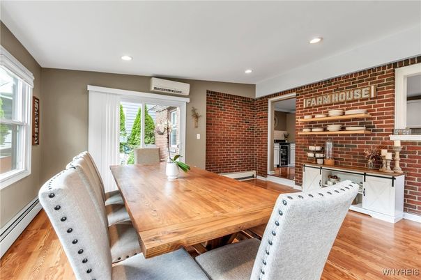 Dining room, Interior, Recessed Lighting, Stone Walls, Wood Texture Flooring