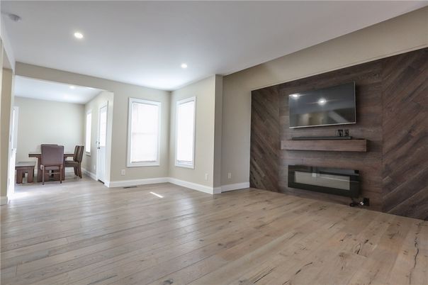 Dining room, Fireplace, Interior, Recessed Lighting, Wood Texture Flooring, Wooden Walls