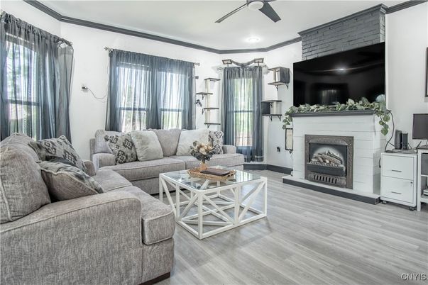 Fireplace, Interior, Living room, Recessed Lighting, Wood Texture Flooring