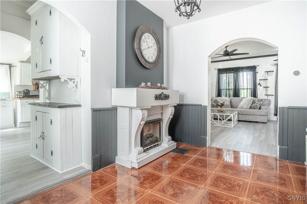 Fireplace, Interior, Kitchen, Living room, Pendant Lights, Wood Texture Flooring