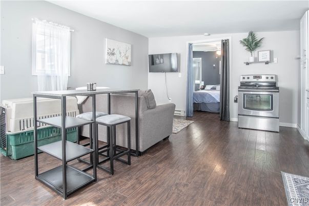 Bedroom, Dining room, Interior, Stainless Steel Appliances, Wood Texture Flooring
