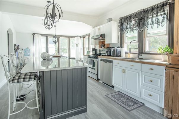 Interior, Kitchen, Pendant Lights, Stainless Steel Appliances, Wood Texture Flooring